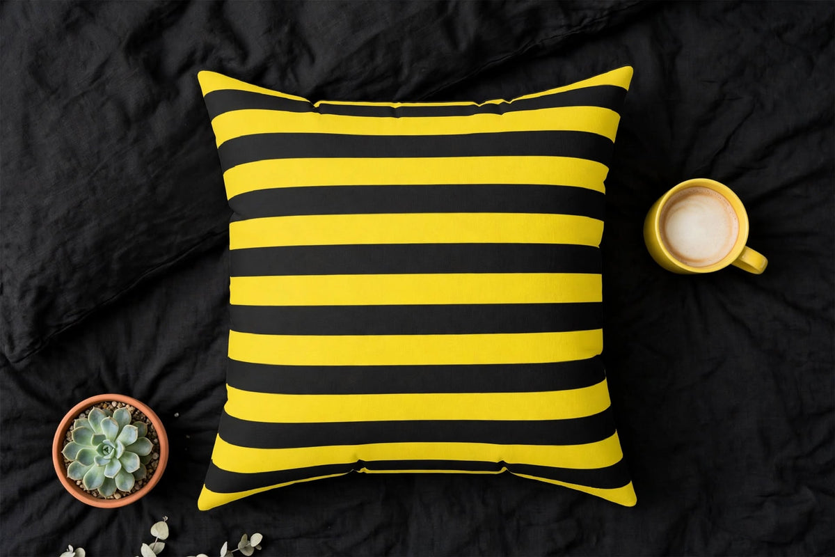 Black and Yellow Striped Bee Colour Pillow | Square Decorative Throw Pillow
