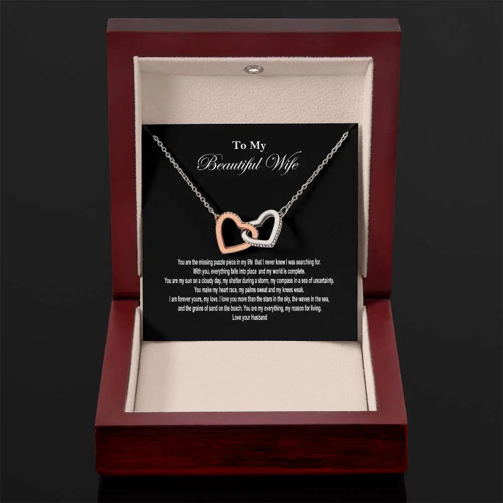 Beautiful Wife Interlocking Heart Necklace with Gift Box - Polished Stainless Steel & Rose Gold Finish / Luxury Box