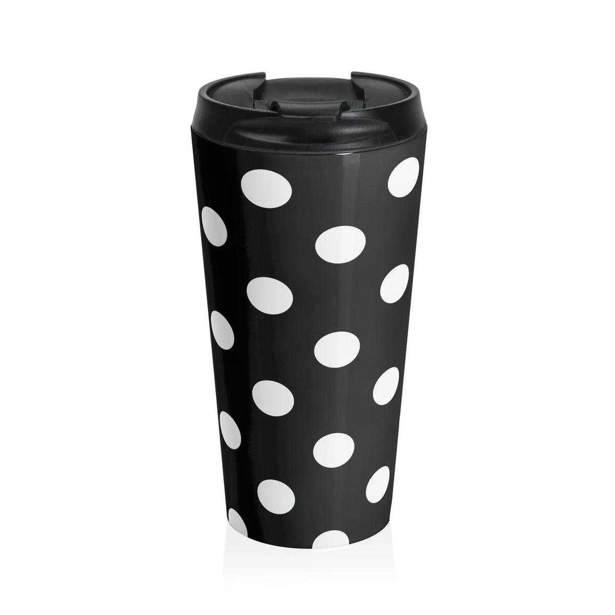 Black and white polka dot stainless steel travel mug with eco-friendly large drink tumbler and black lid