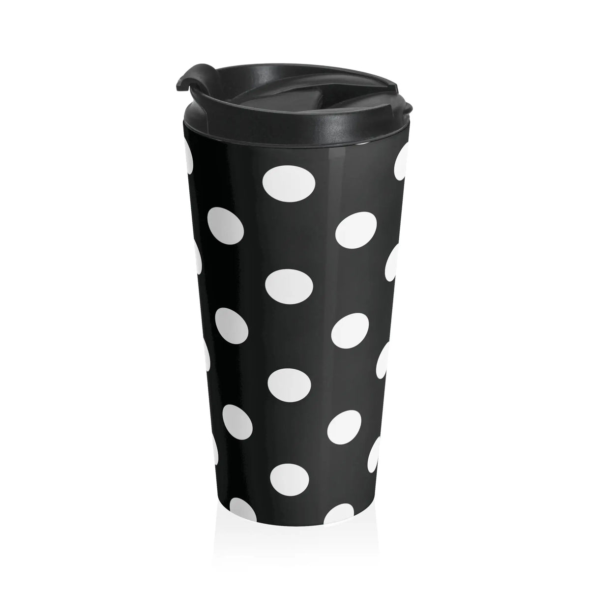 Black and white polka dot stainless steel travel mug with eco-friendly large drink tumbler and black lid