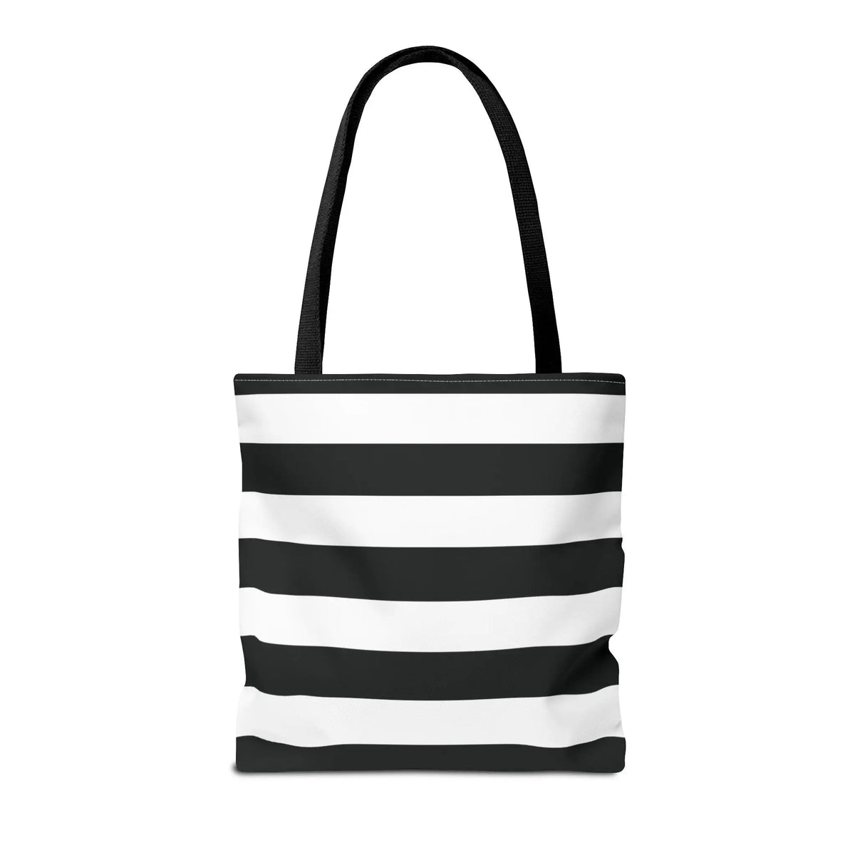 Black and white shoulder tote bag with stripes and black fabric handles perfect as a white shoulder tote or beach bag