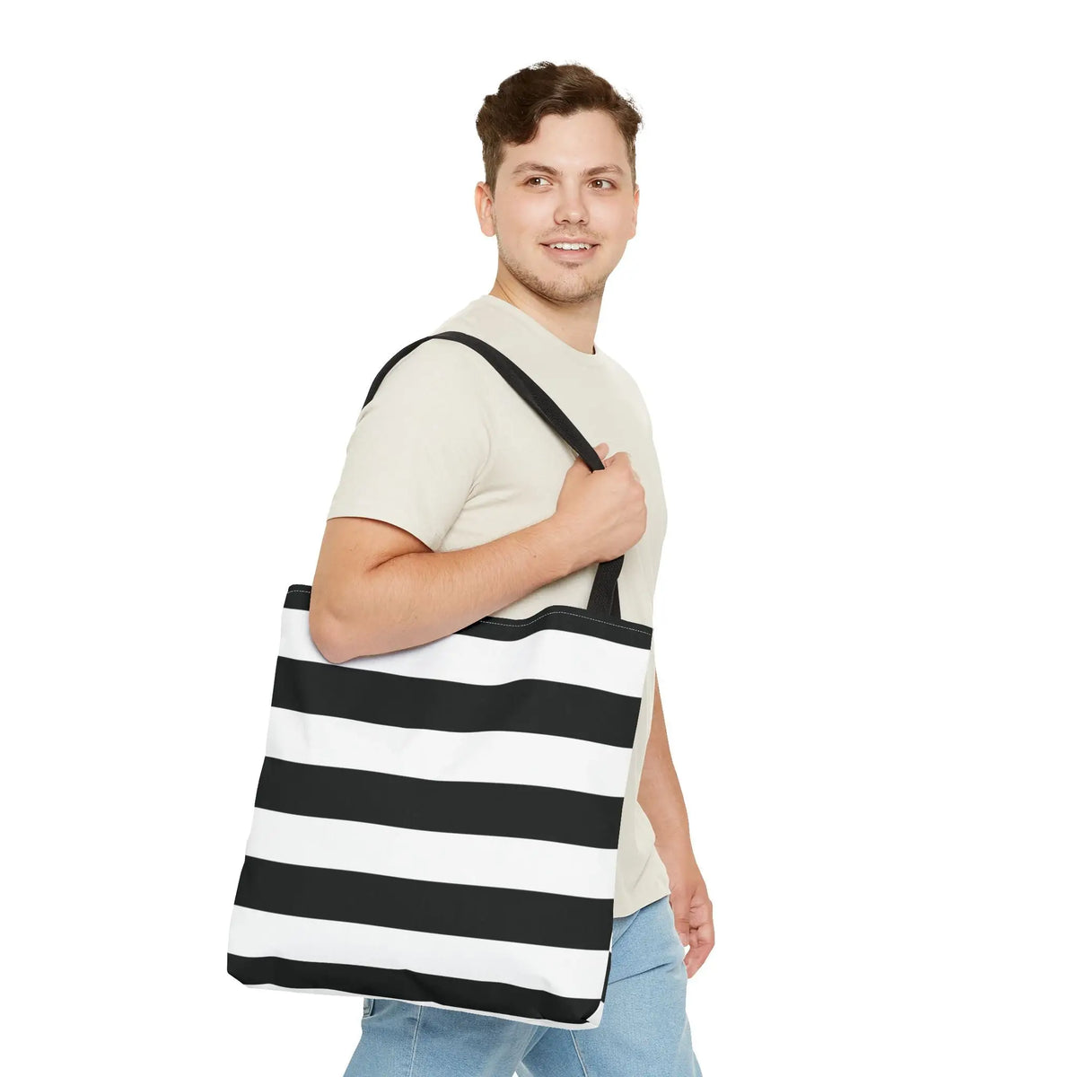 Black and white horizontally striped canvas white shoulder tote bag with black fabric handles for beach or grocery use