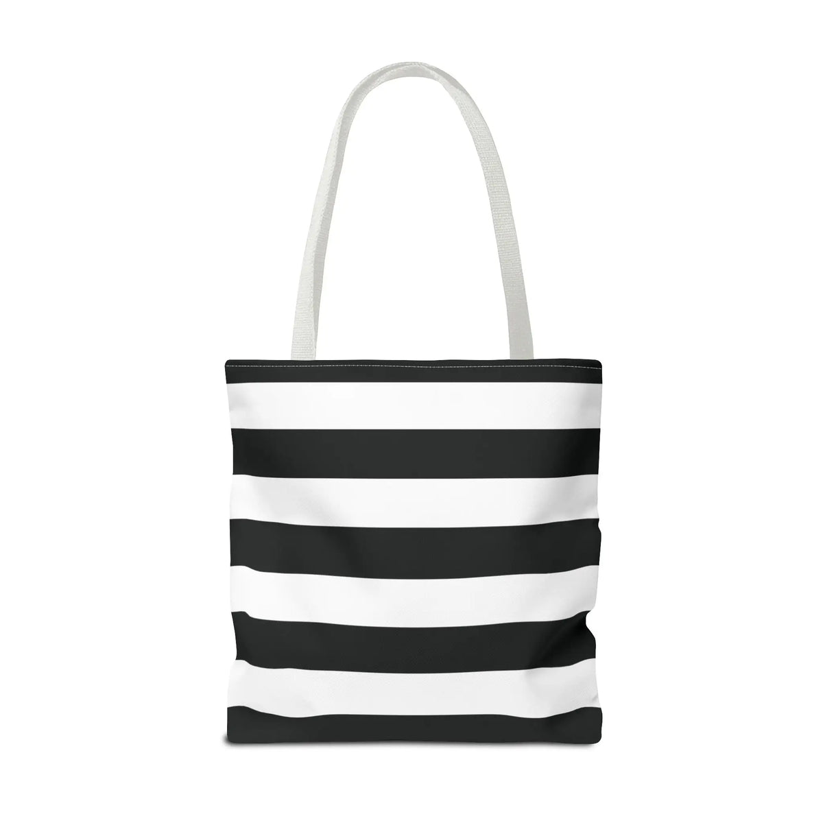 Black and white shoulder tote bag with horizontal stripes and matching fabric handles perfect for beach or grocery use
