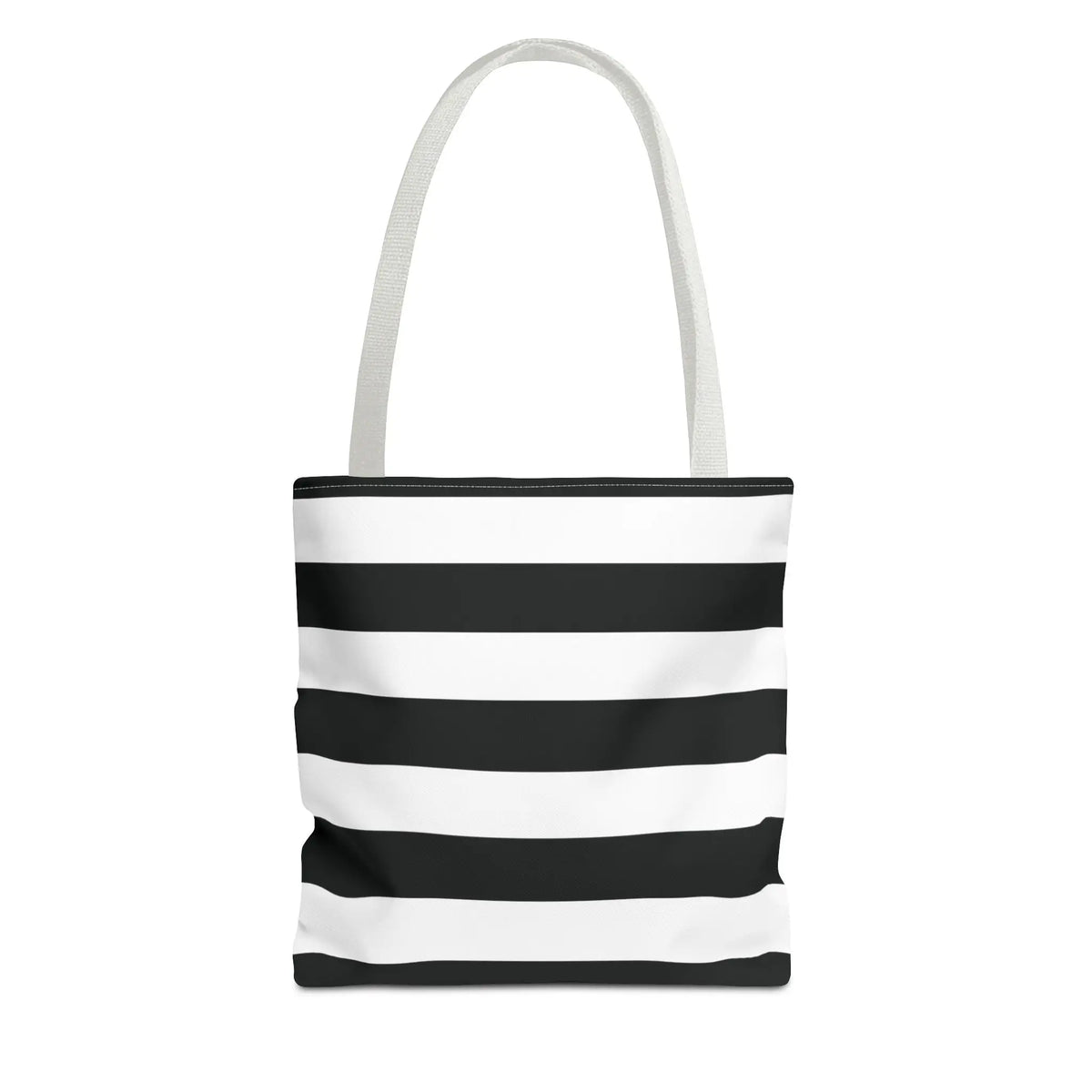 Black and white shoulder tote bag with horizontal stripes and matching fabric handles for stylish use