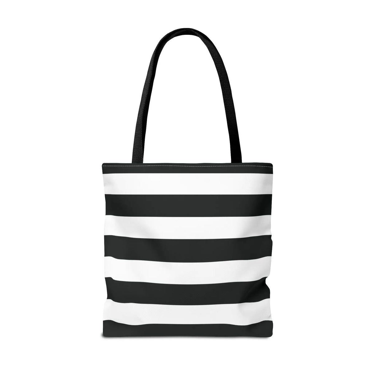Black and white horizontally striped canvas white shoulder tote bag with black fabric handles for beach or grocery use