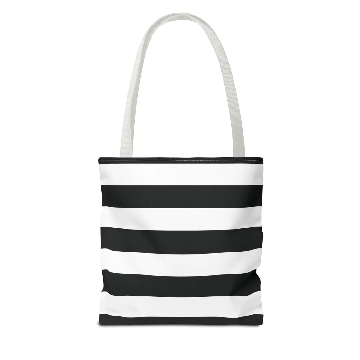 Black and white horizontally striped canvas white shoulder tote bag with matching fabric handles for beach or grocery use