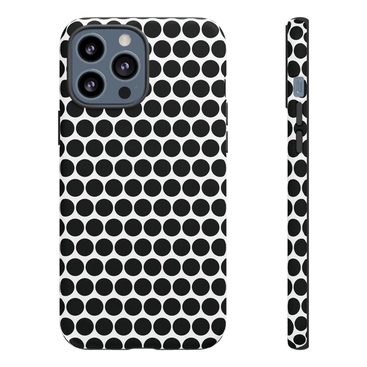 Black white dot pattern tough phone case with sleek modern design shown from the back for iphone samsung google