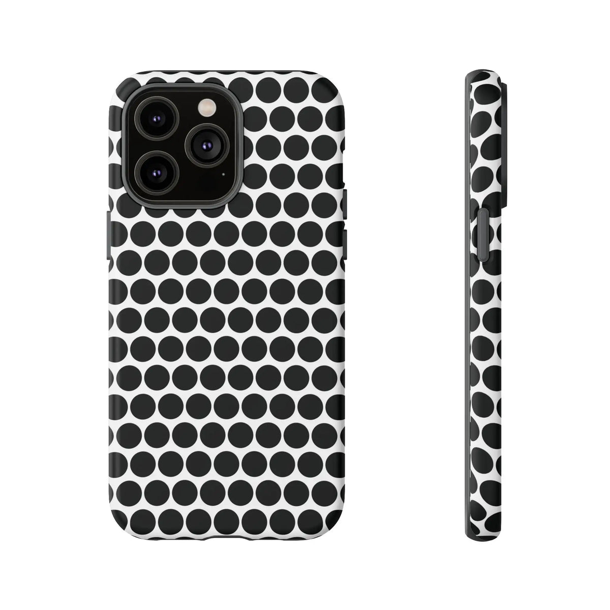 Black and white dot pattern tough phone case with sleek modern design shown from the back for iphone samsung google
