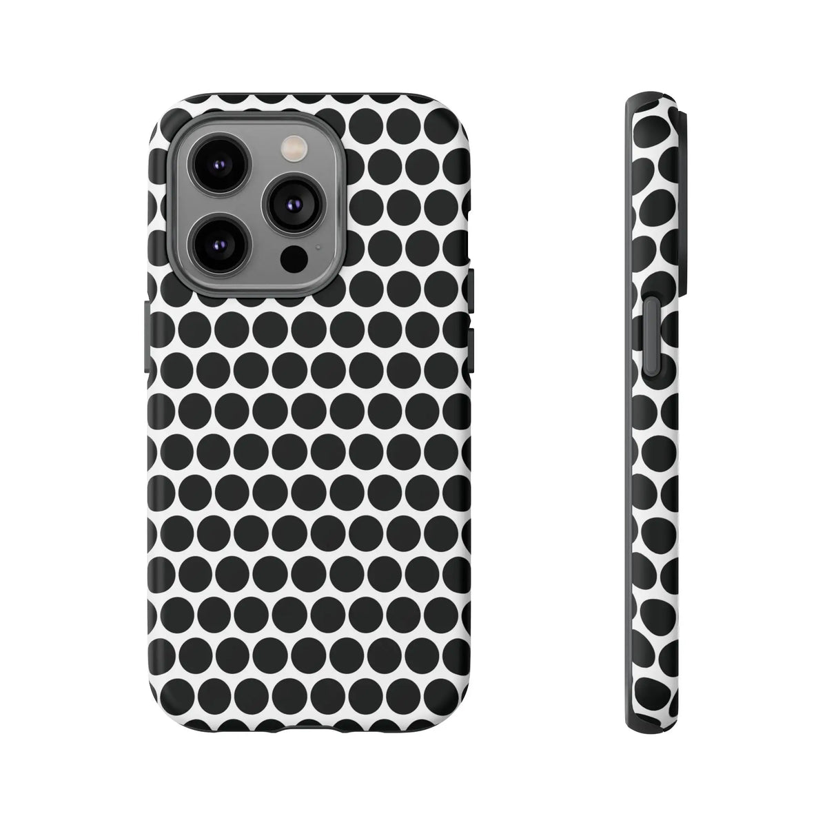 Black white dot pattern tough phone case with sleek modern design shown from the back for iphone samsung google