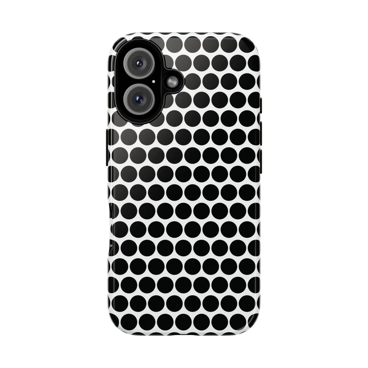 Black white dot pattern tough phone case with glossy finish shown from the back for iphone samsung google