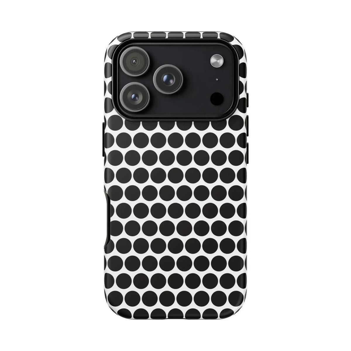 Black white dot pattern tough phone case for iPhone Samsung and Google with sleek modern polka dot design on back side