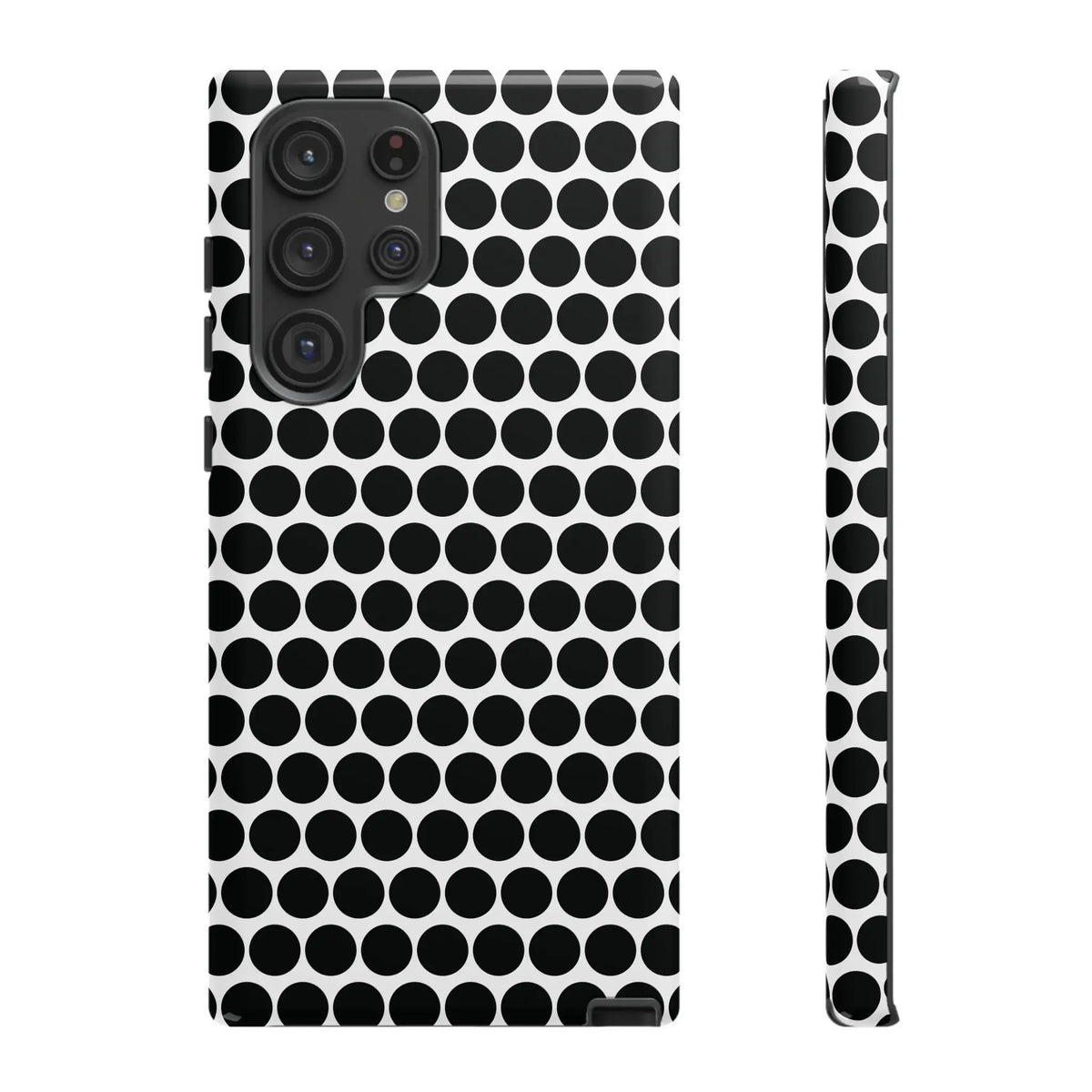 Black white dot pattern tough phone case with sleek modern design shown from the back for iphone samsung google