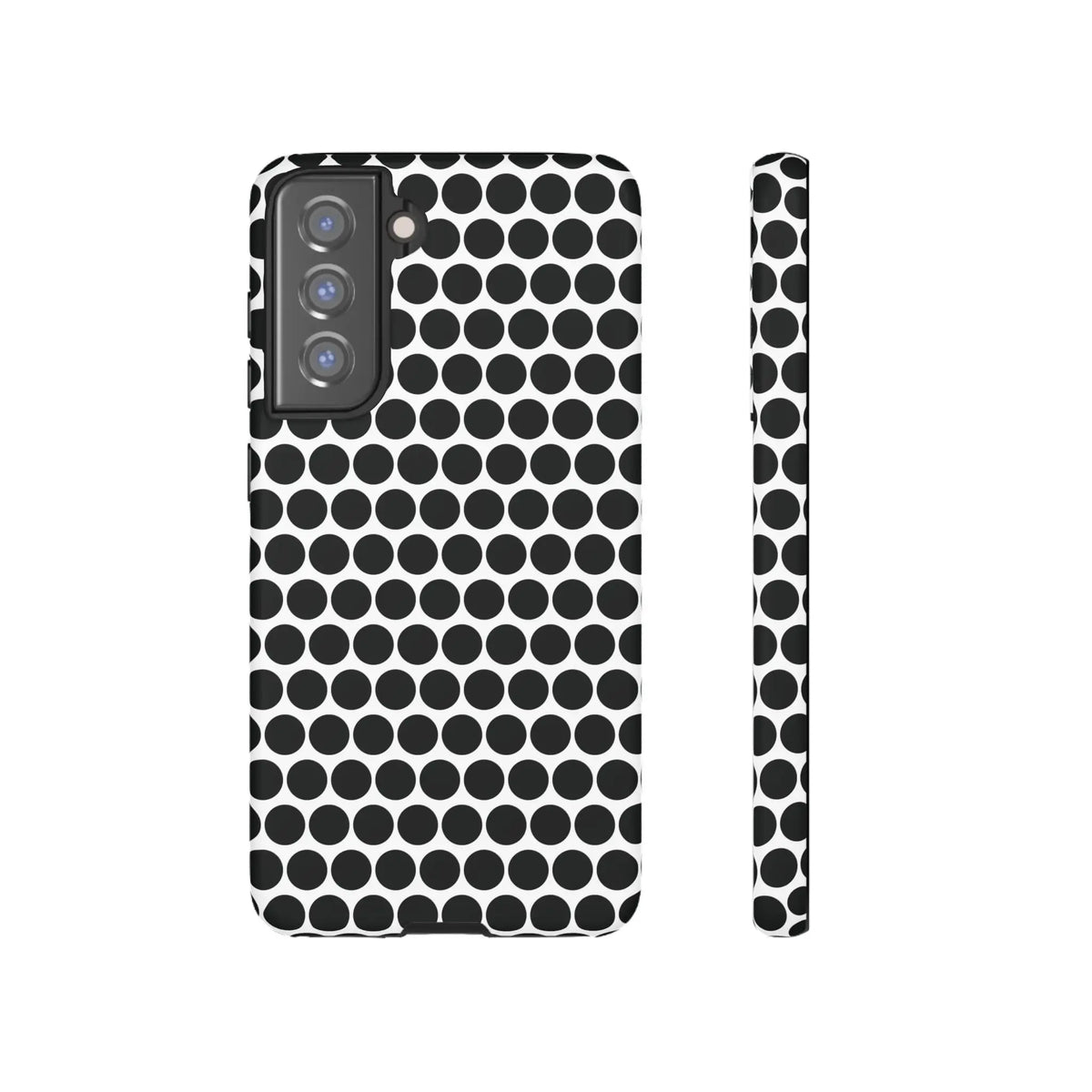 Black and white dot pattern tough phone case showing the back side with a sleek modern design for iphone samsung google