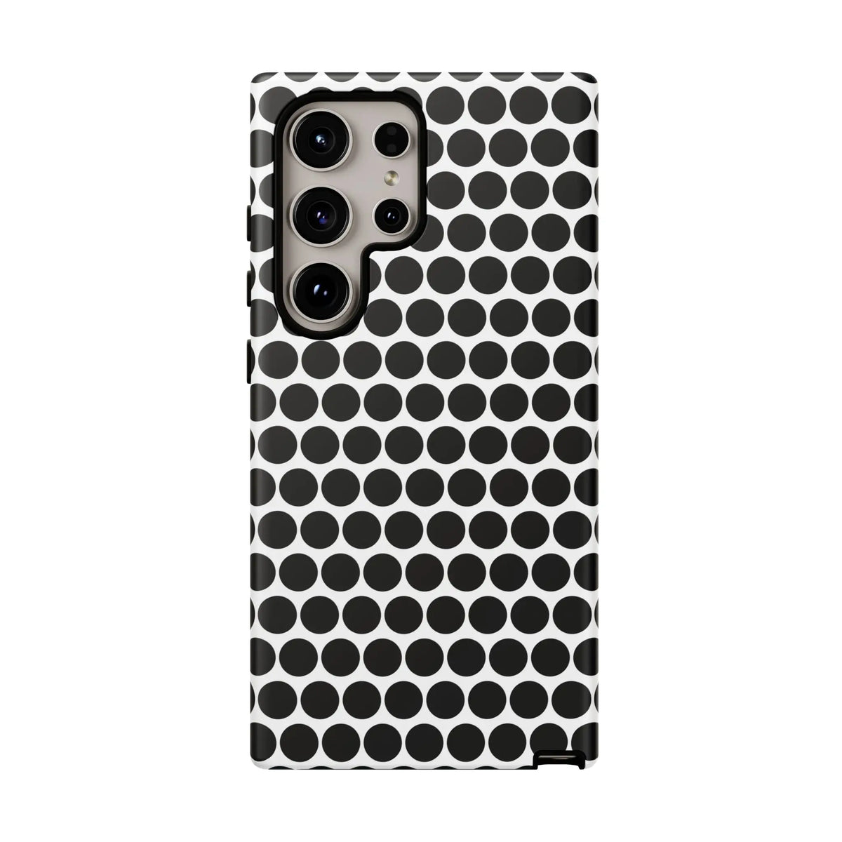 Black white dot pattern tough phone case with sleek modern design shown from back for iphone samsung google