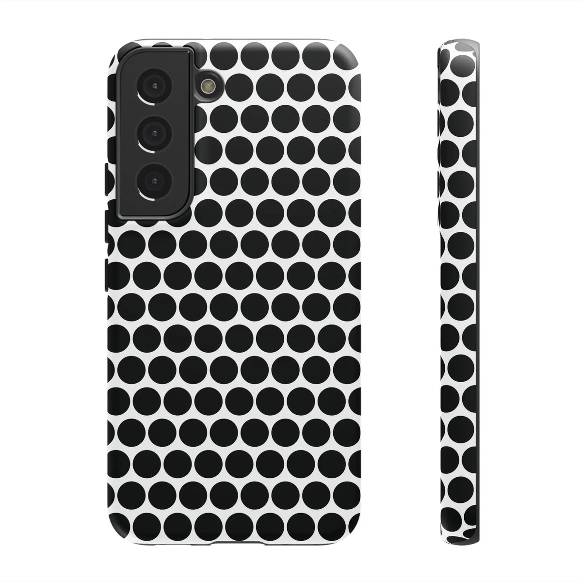 Black white dot pattern tough phone case with glossy finish showing back side for iphone samsung google models