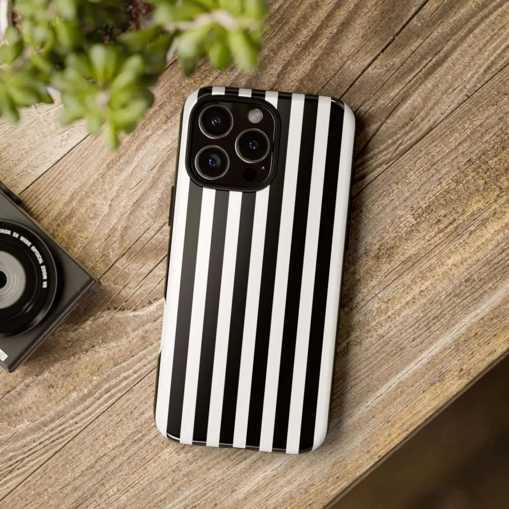 Black & White Horizontal Stripe Tough Phone Case for iPhone Samsung and Google Phones - iPhone 16 / Glossy