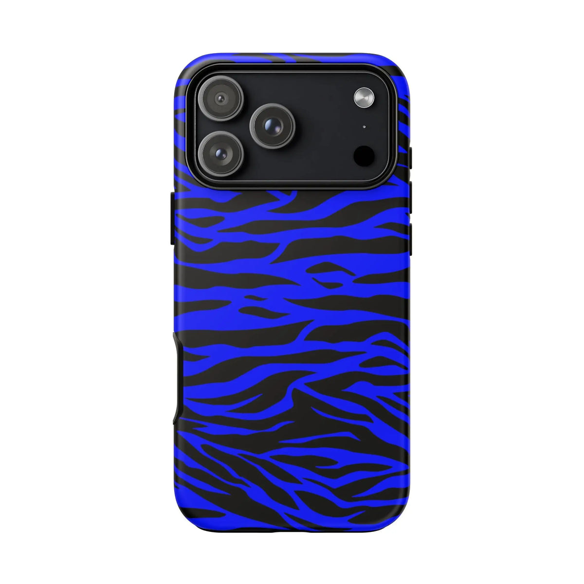 Blue wild tiger print phone case cover for iPhone Galaxy and Pixel with vibrant blue and black zebra stripes back view