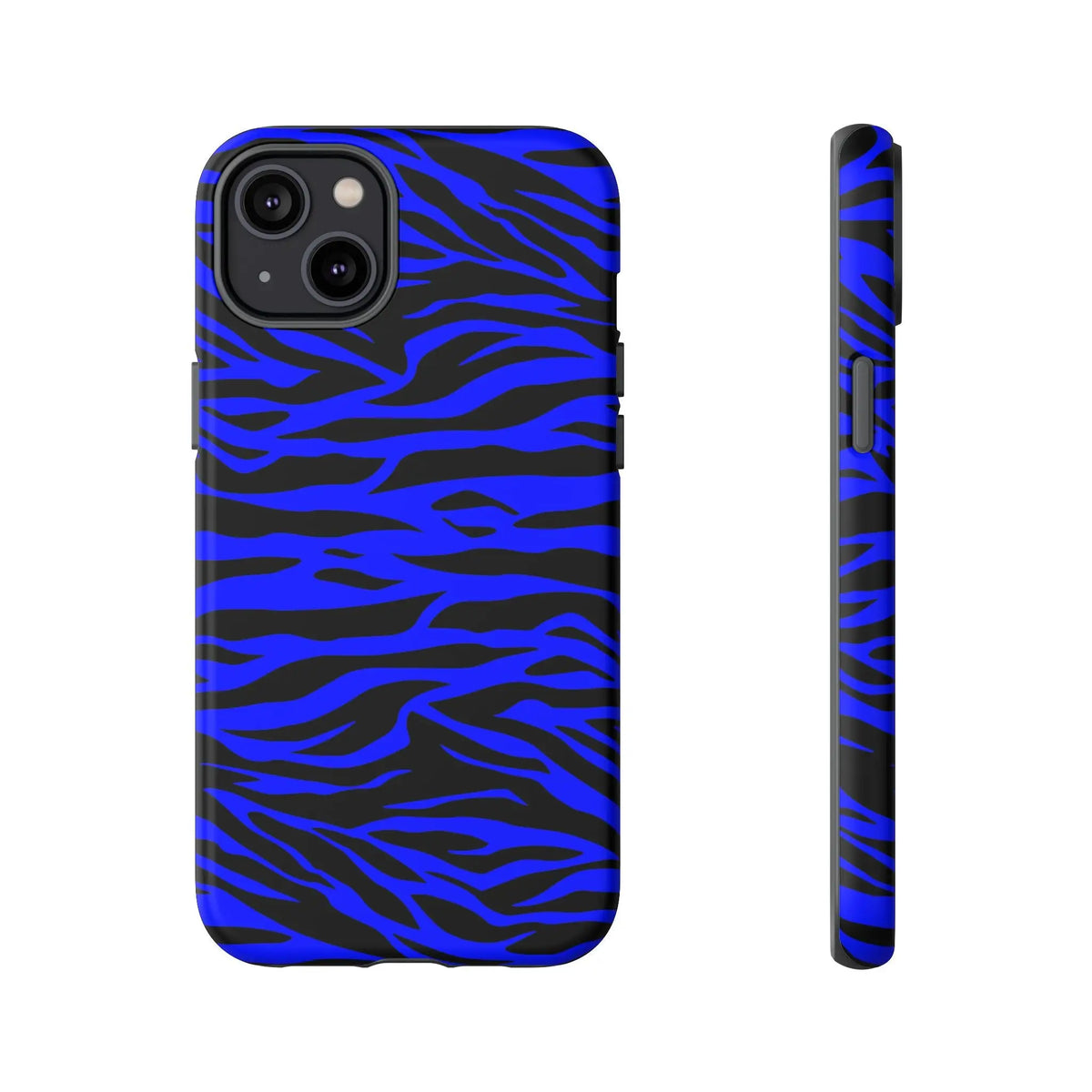 Blue wild tiger print phone case cover for iphone galaxy s and pixel with vibrant blue and black protective design back view