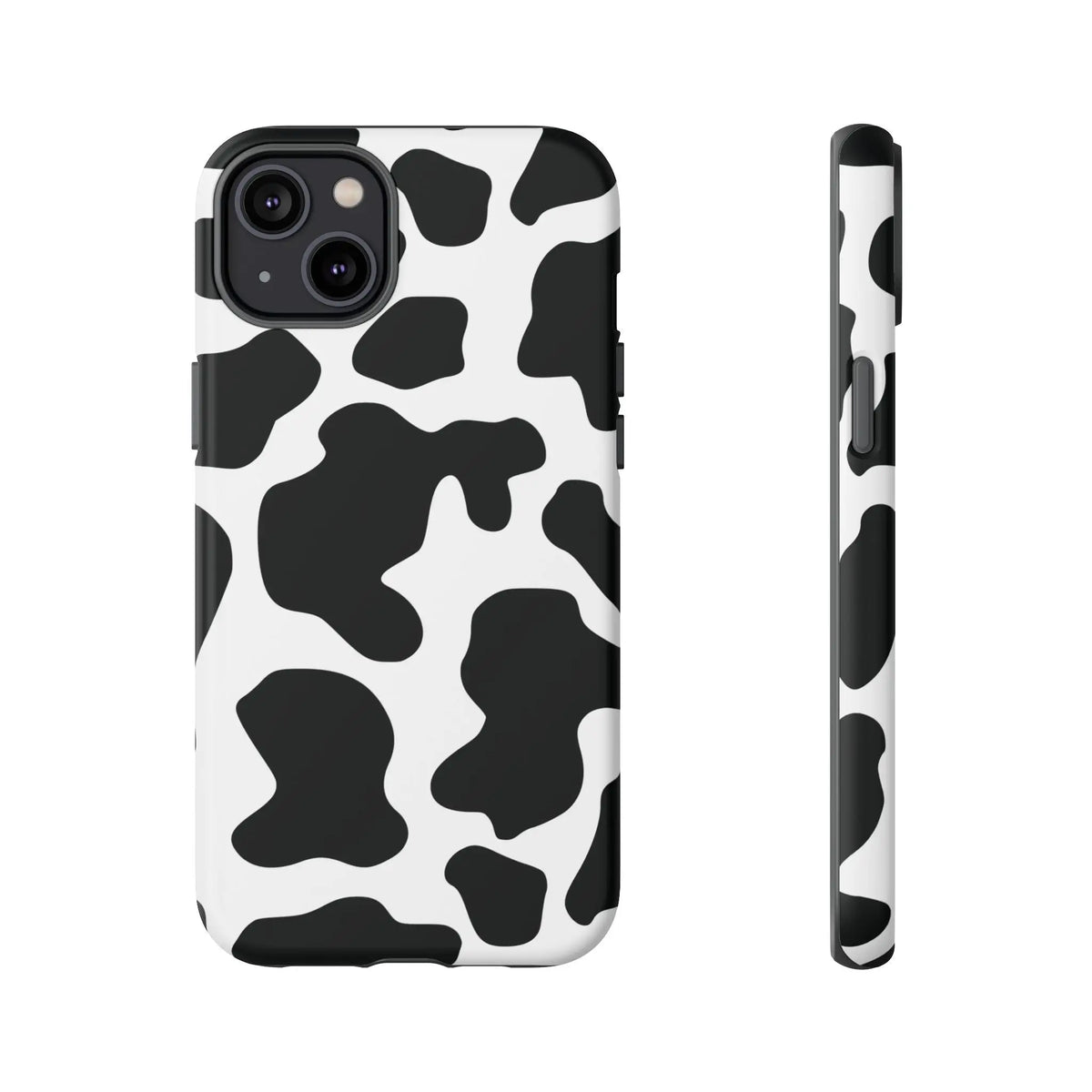 Black and white cow print phone case showing the back side with a protective black cow print cover design