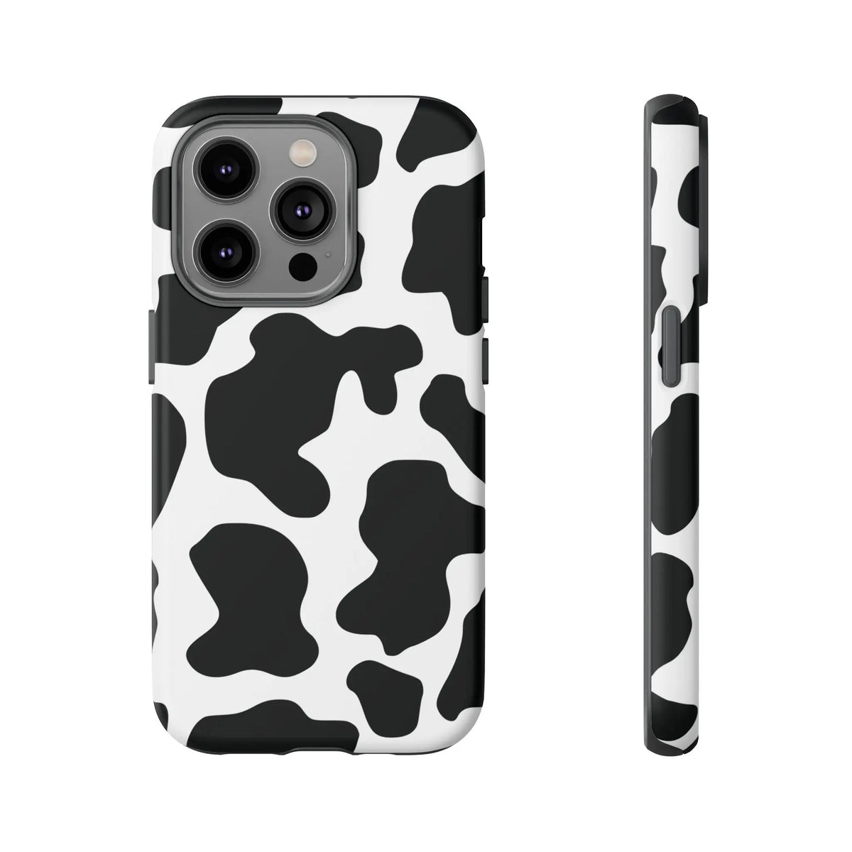 Black cow print protective phone case showing the back side with a classic black and white cow print pattern