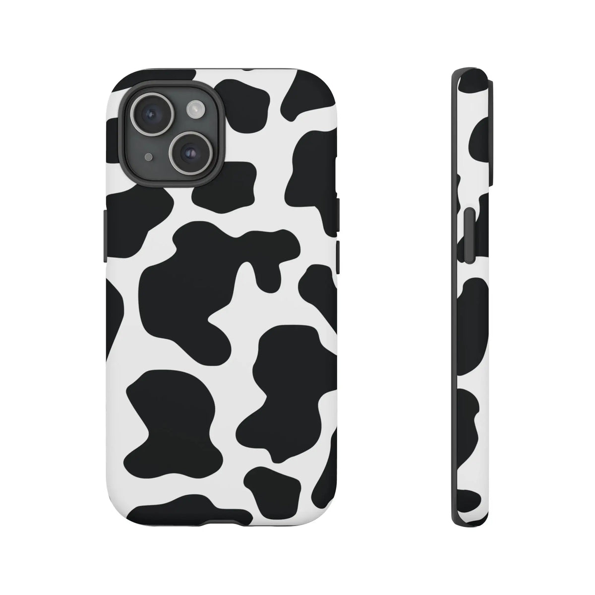 Black cow print phone case showing the back side with a protective black and white cow print pattern cover