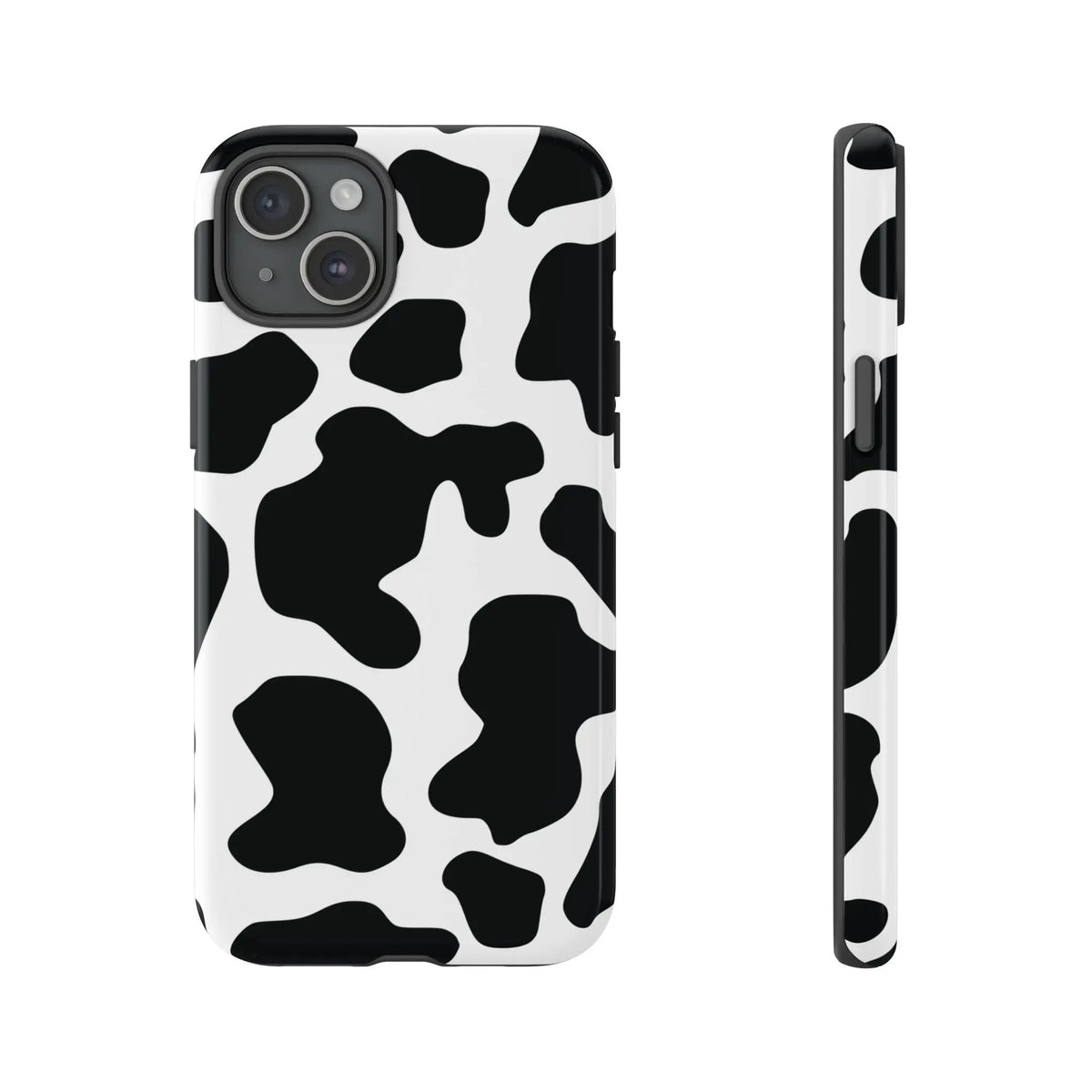 Black cow print protective cover phone case showing the back with a white and black cow print pattern