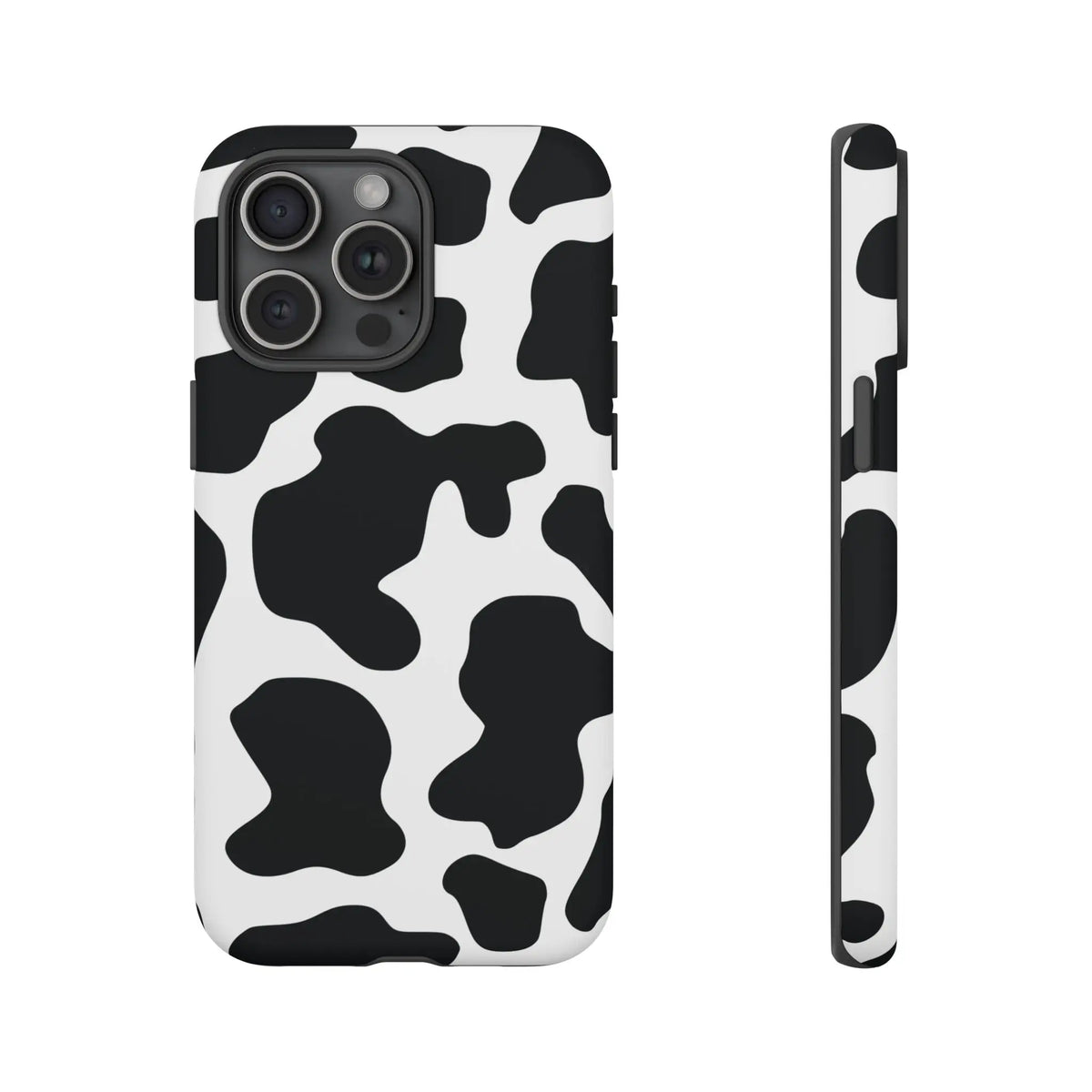 Back side of a black cow print phone case with protective cover featuring a white and black cow print pattern