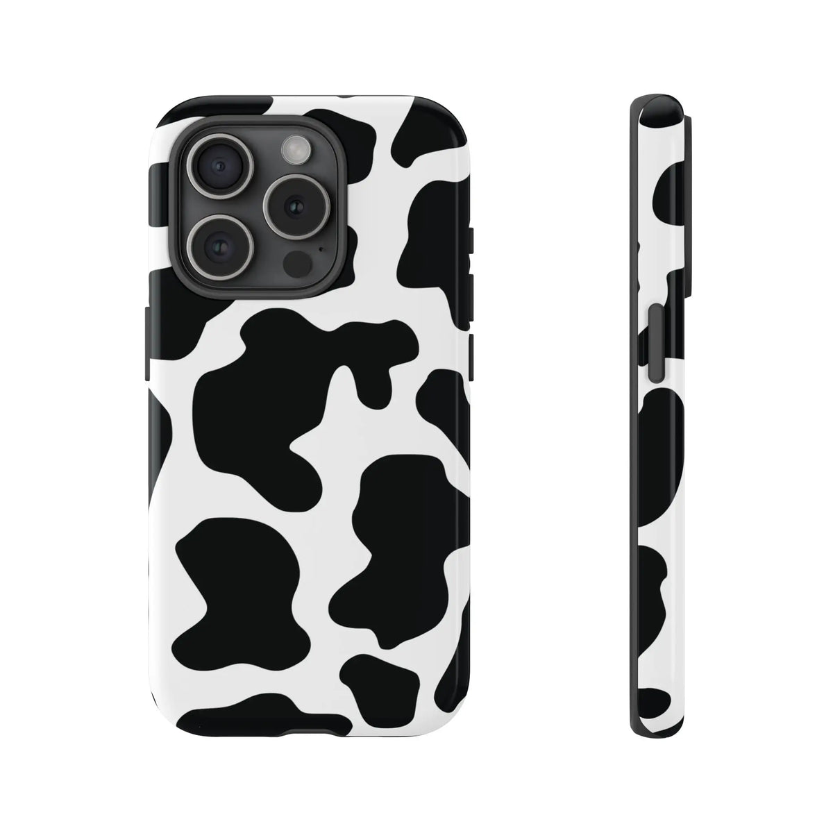 Back side of a black cow print phone case with a sleek glossy finish protective print phone cover