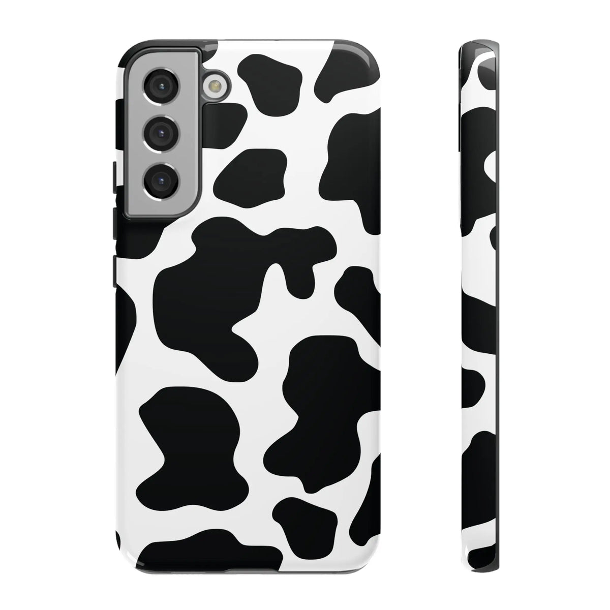Black cow print phone case for samsung galaxy s21 showing the back side with protective cow print phone cover