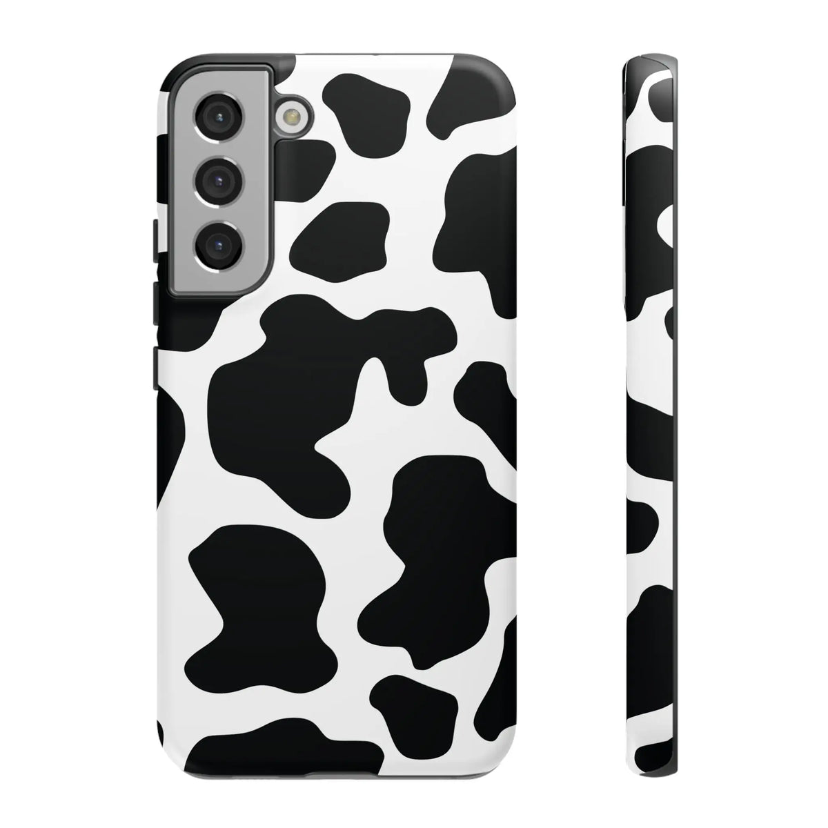 Black cow print phone case for samsung galaxy s21 with black and white cow pattern protective cover back shown