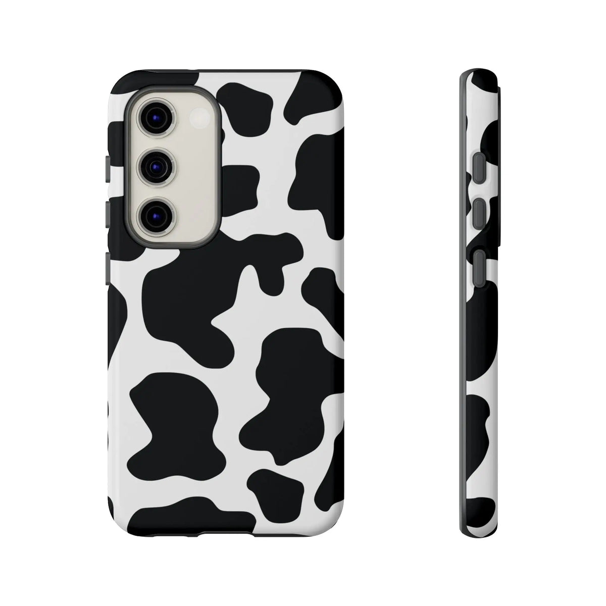 Black cow print phone case showing the back with a sleek protective black and white cow print design