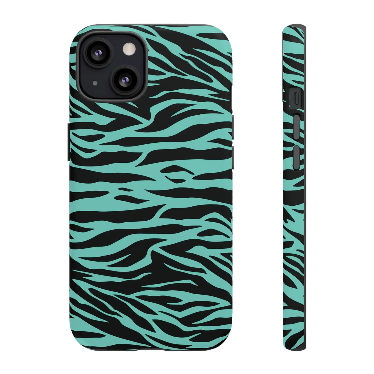 Back side of a sleek turquoise and black zebra-striped phone case with wild tiger print pattern for iphone 13 models
