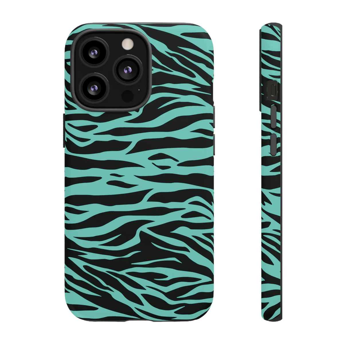 Sleek phone case with bold turquoise and black wild tiger print pattern designed for iphone triple camera cutout