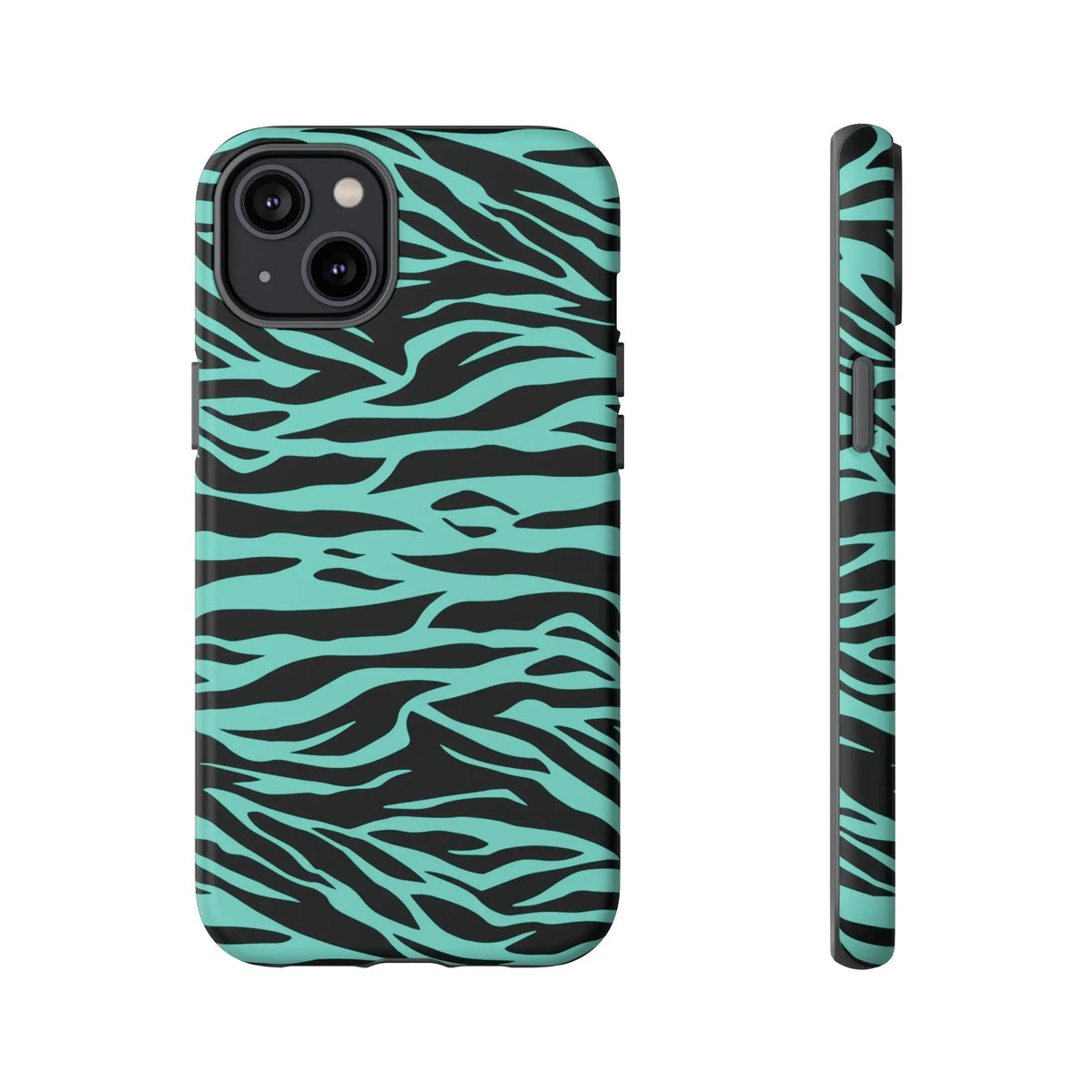 Backside of a teal and black zebra-print phone case featuring a green wild tiger print pattern for multiple phone models