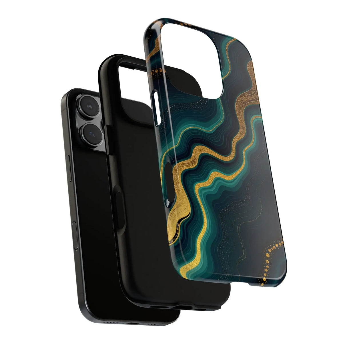 Back of a sleek geode phone protector with glossy teal and gold swirling patterns on a dark background