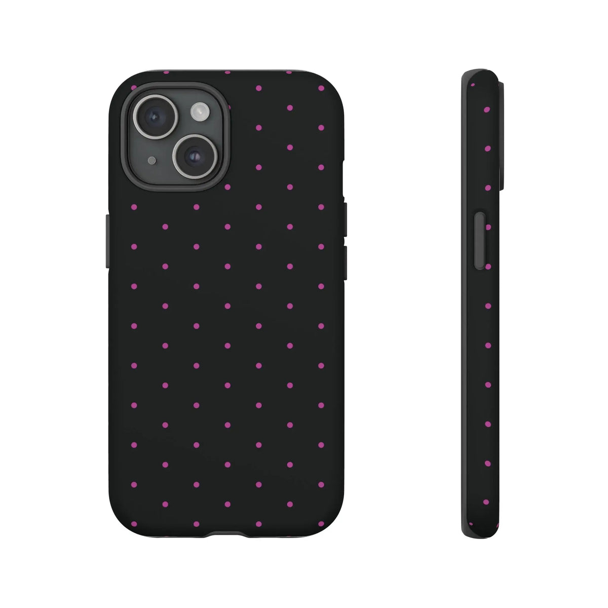 Elegant Pink Dot Black Tough Phone Case Stylish Accessories, - iPhone 15 / Matte - Mobile Phone Cases