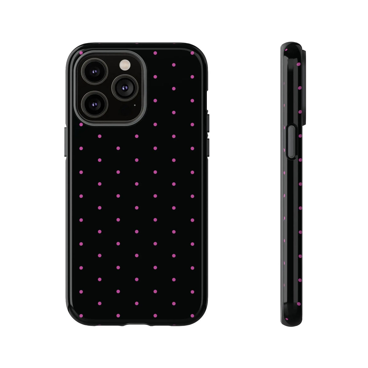 Elegant Pink Dot Black Tough Phone Case Stylish Accessories, - iPhone 14 Pro Max / Glossy - Mobile Phone Cases