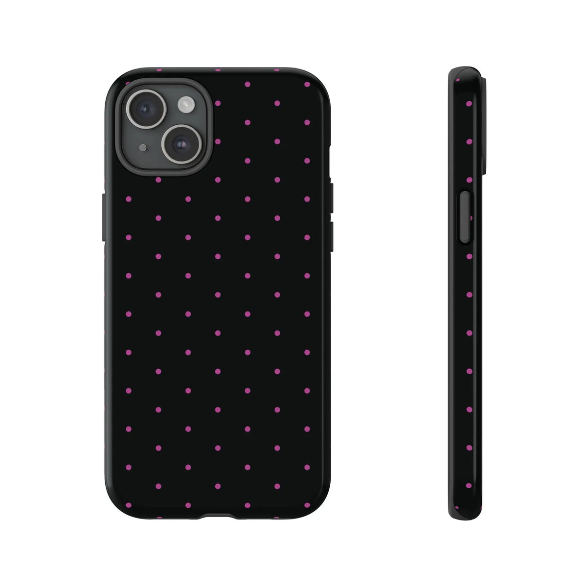 Elegant Pink Dot Black Tough Phone Case Stylish Accessories, - iPhone 15 Plus / Glossy - Mobile Phone Cases