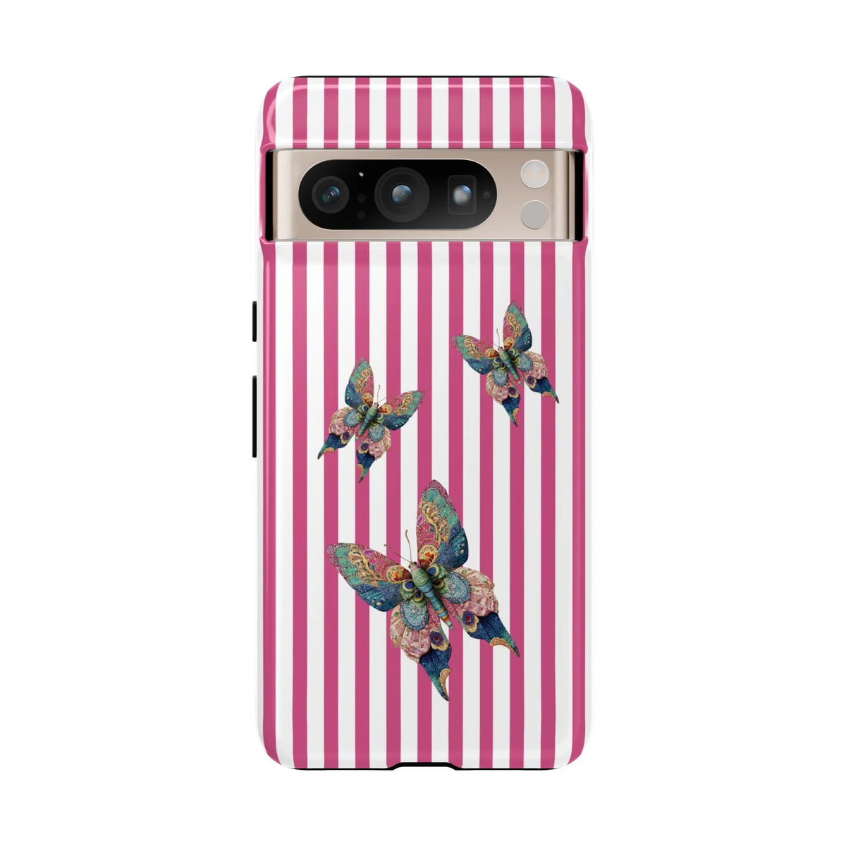 Back of vibrant pink and white floral butterfly pink stripe phone case with three detailed multicolored butterflies