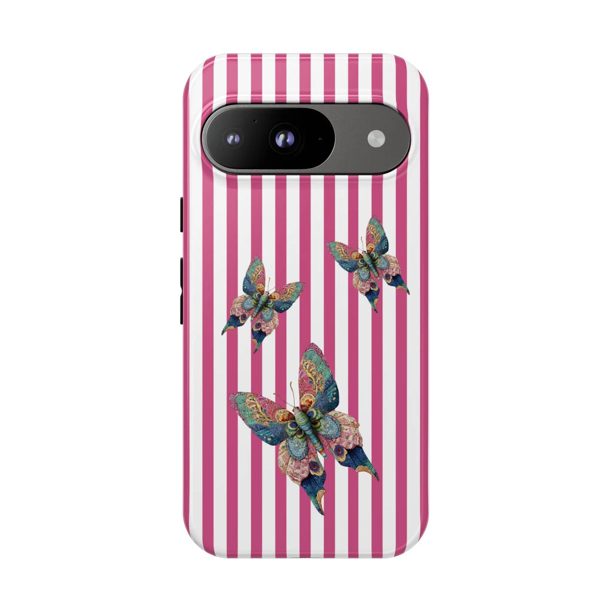 Back side of a floral butterfly pink stripe phone case with vertical pink and white stripes and colorful butterfly design