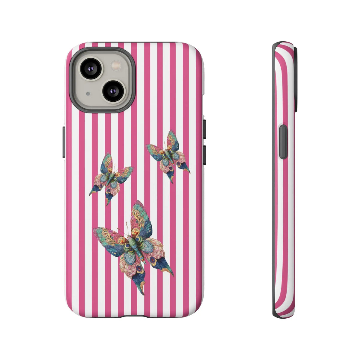 Floral butterfly pink stripe phone case with pink and white stripes featuring three colorful detailed butterflies on back side