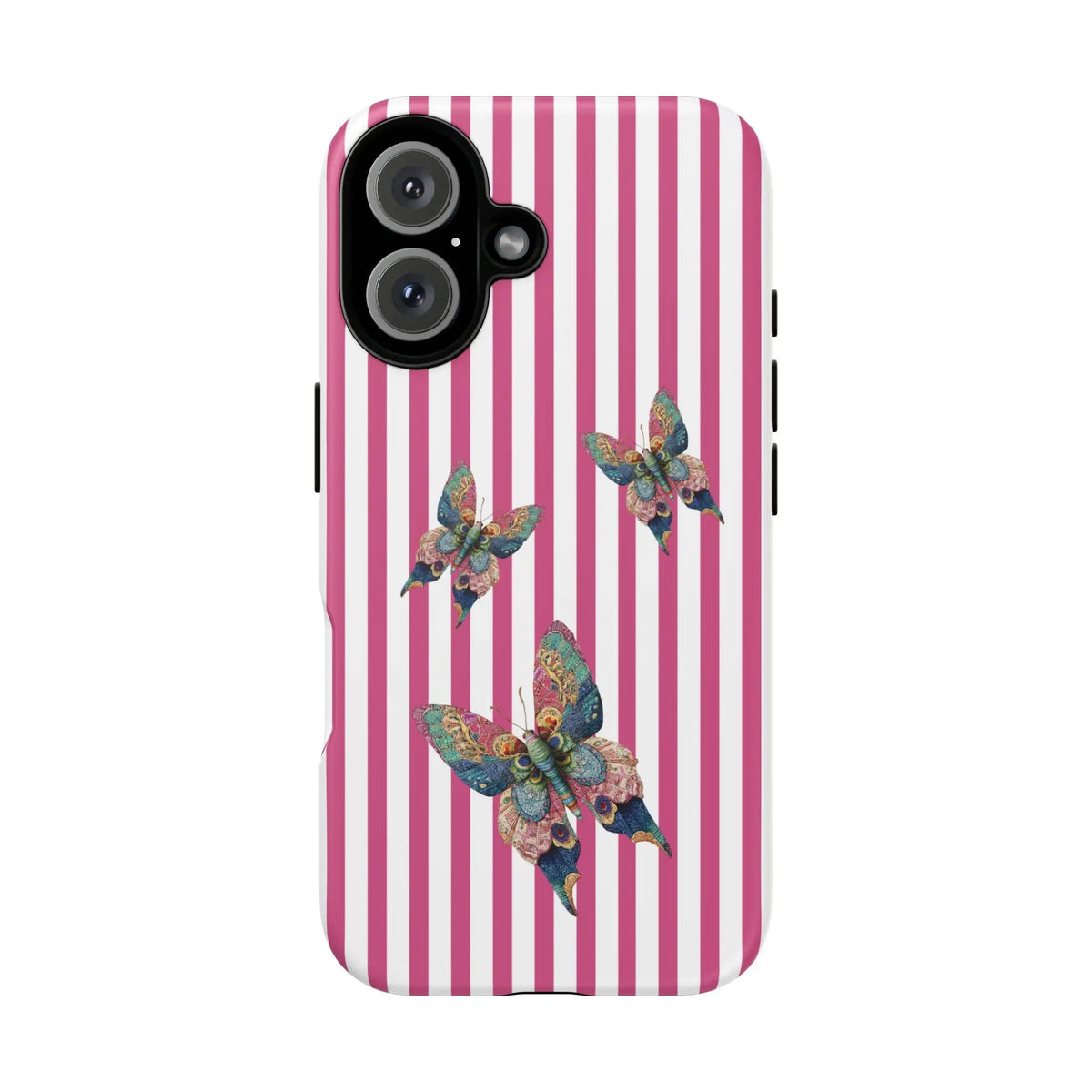 Phone case with vertical pink and white stripes and blue green pink butterflies floral butterfly pink design back view