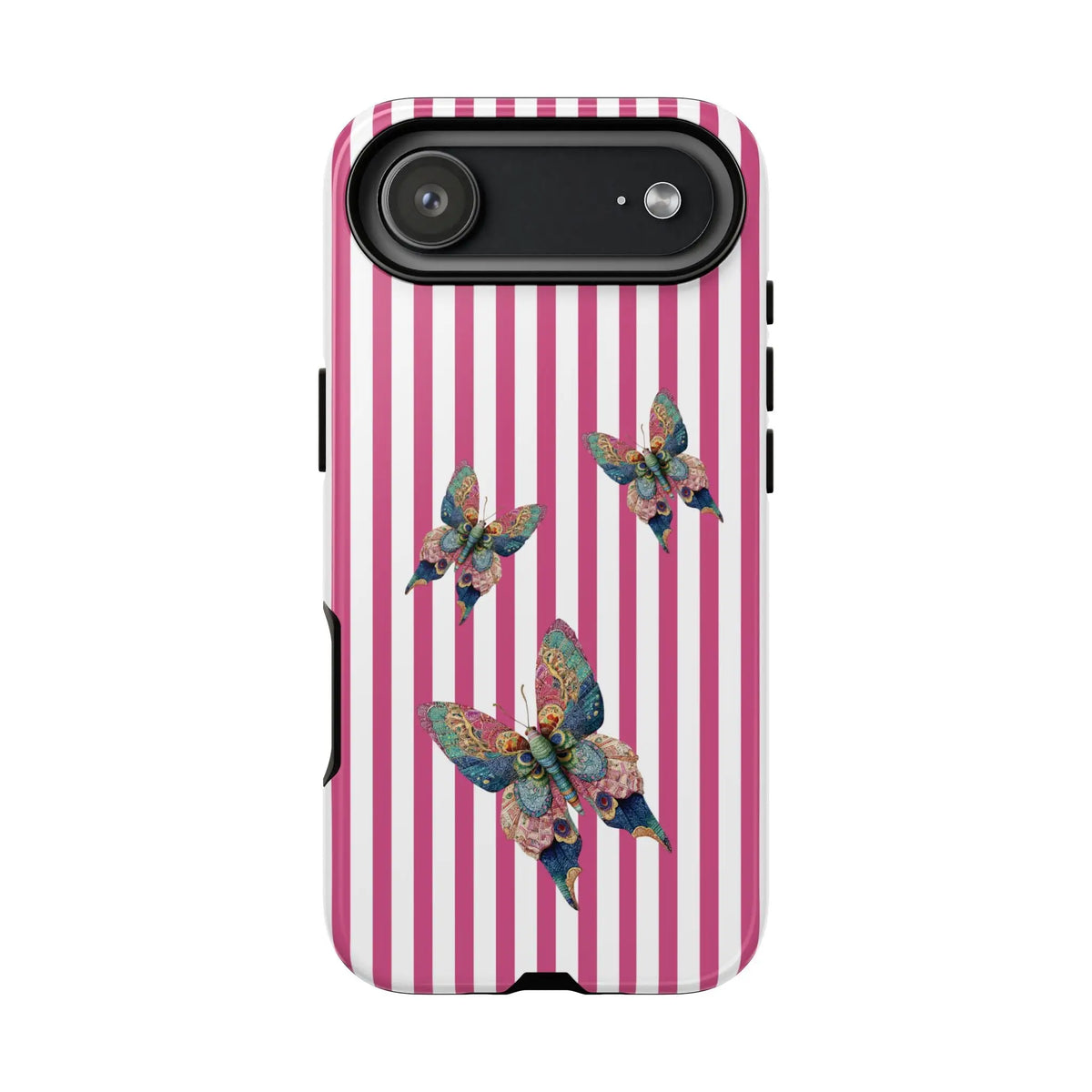 Back side of a vibrant pink and white floral butterfly pink stripe phone case with three multicolored butterflies