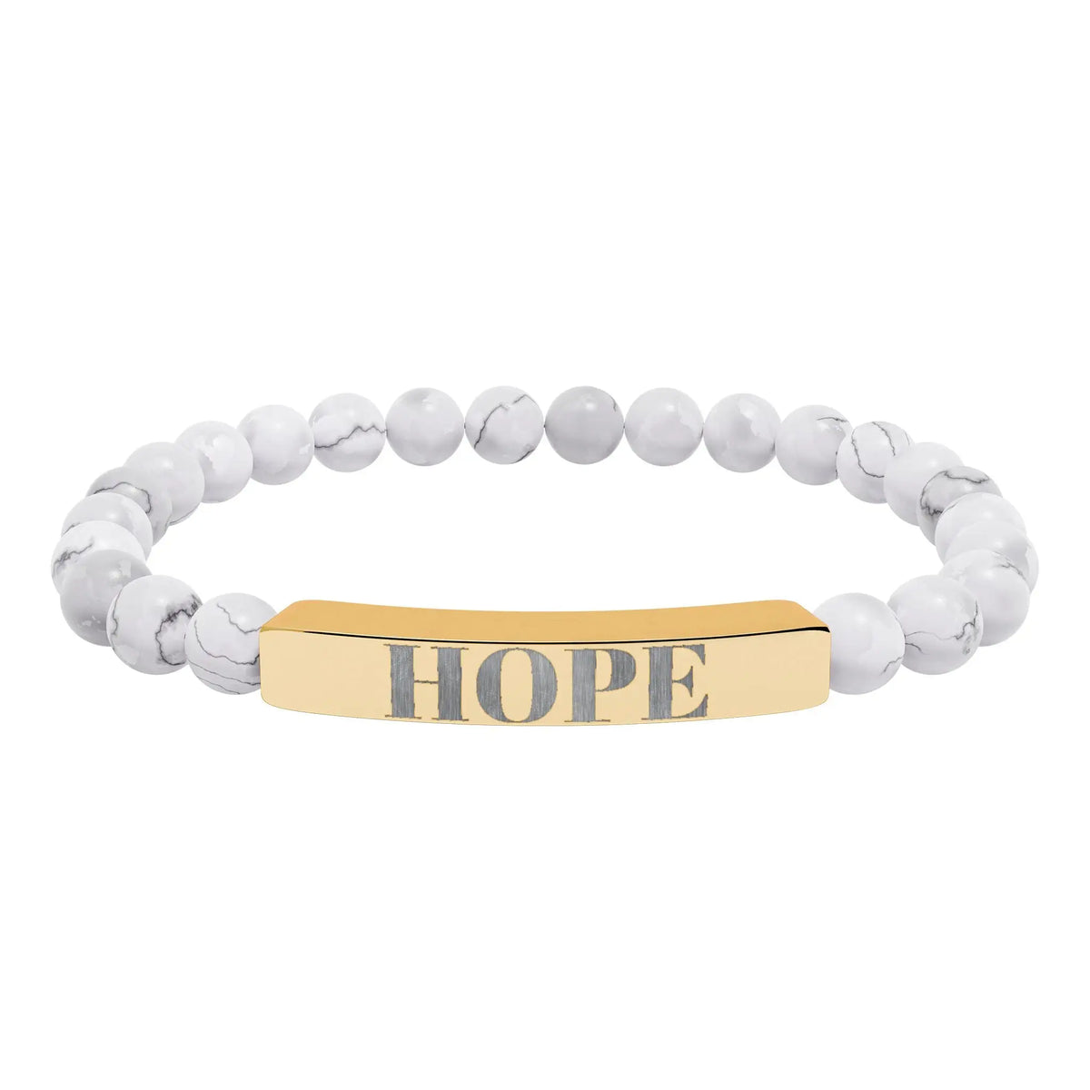 Gold-toned hope engraved natural stone bar bracelet with white marbled beads in a natural stone stretch design