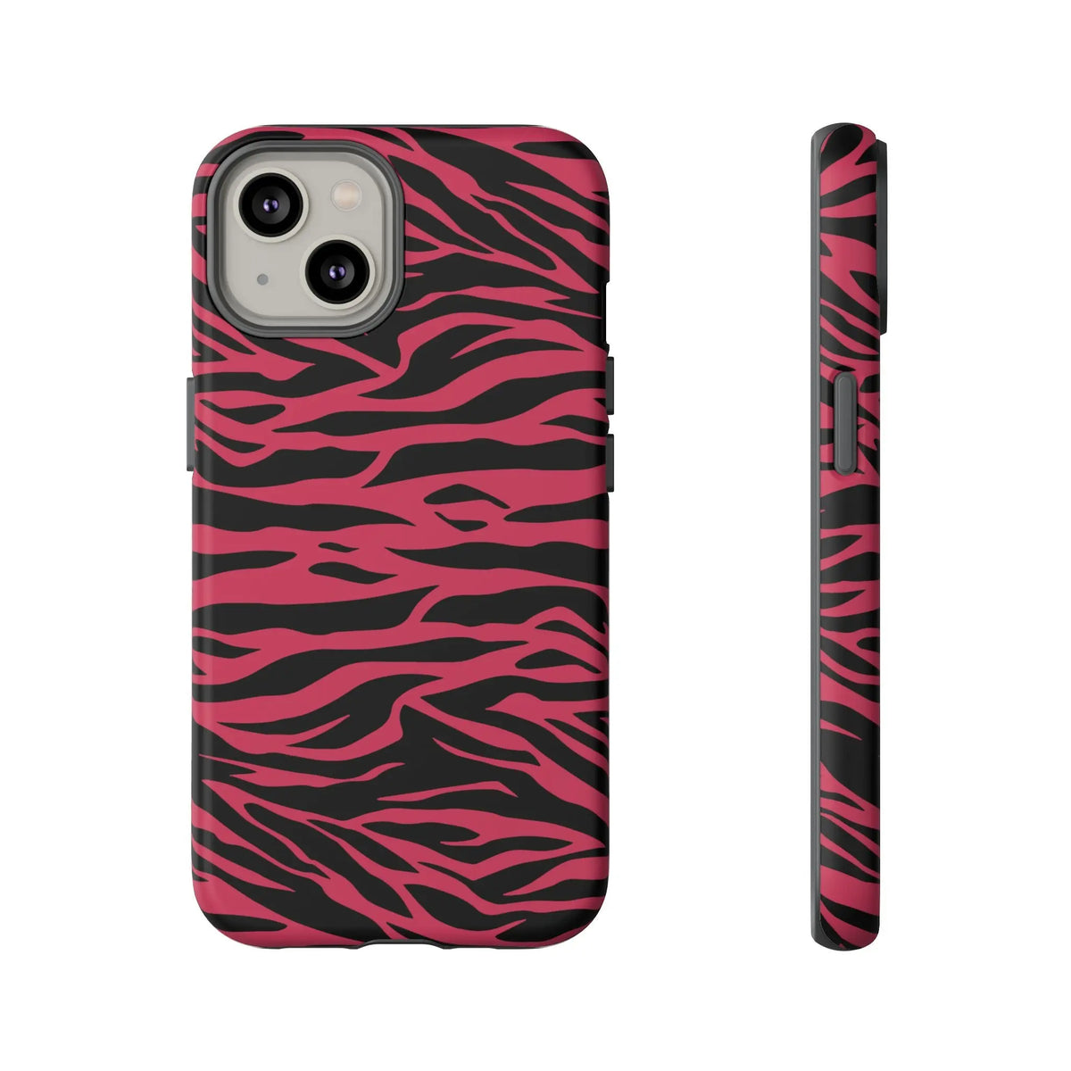 Magenta wild tiger pattern print phone case featuring pink and black zebra-print design on the back side