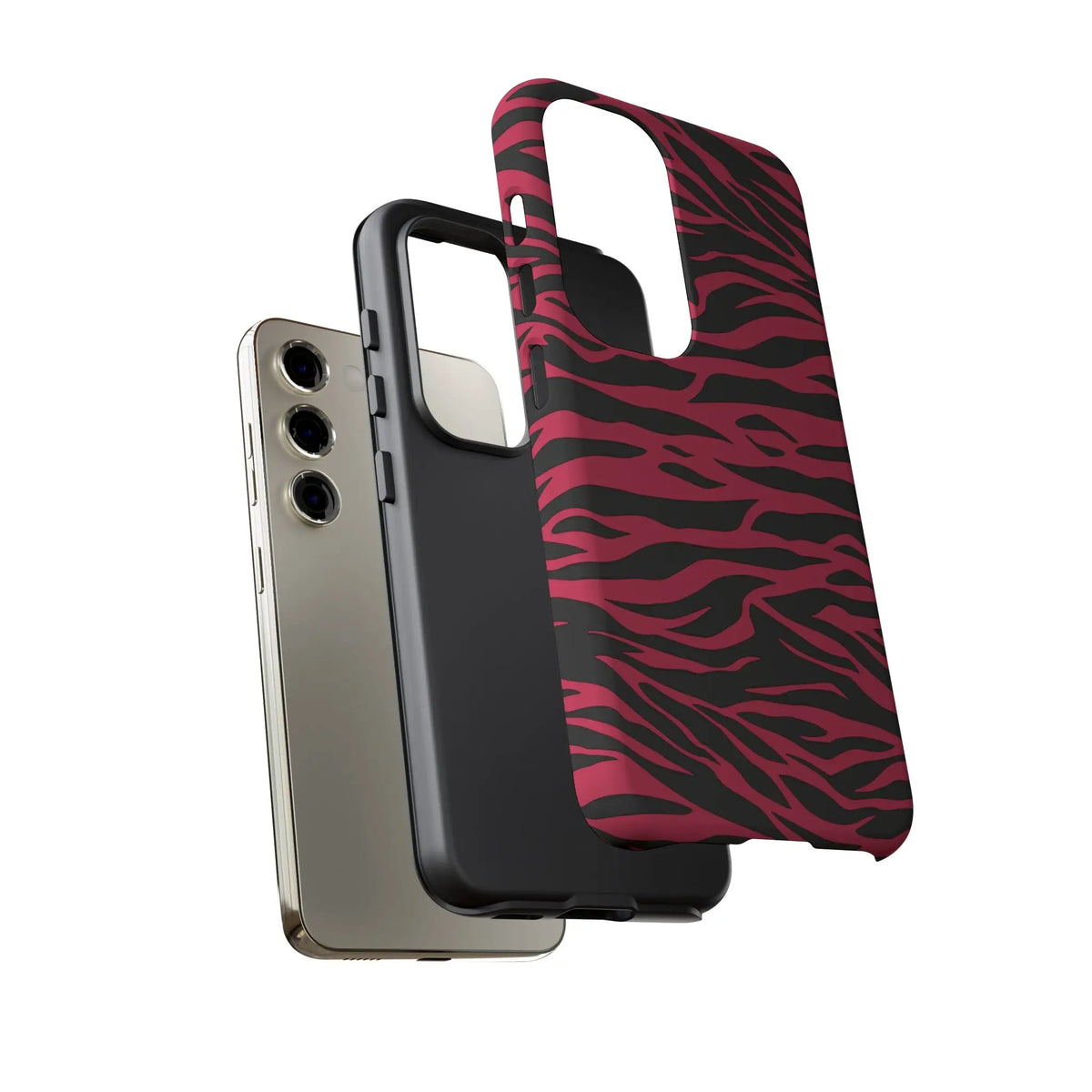 Magenta wild tiger pattern print phone case in vibrant pink and black zebra stripes with a sleek protective design back view