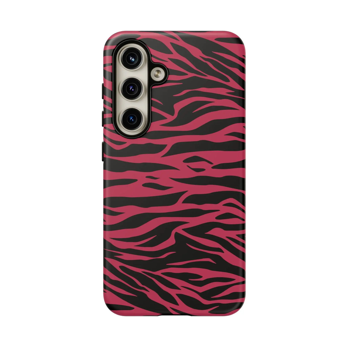 Back of a vibrant pink and black phone case with magenta wild tiger pattern print and glossy finish
