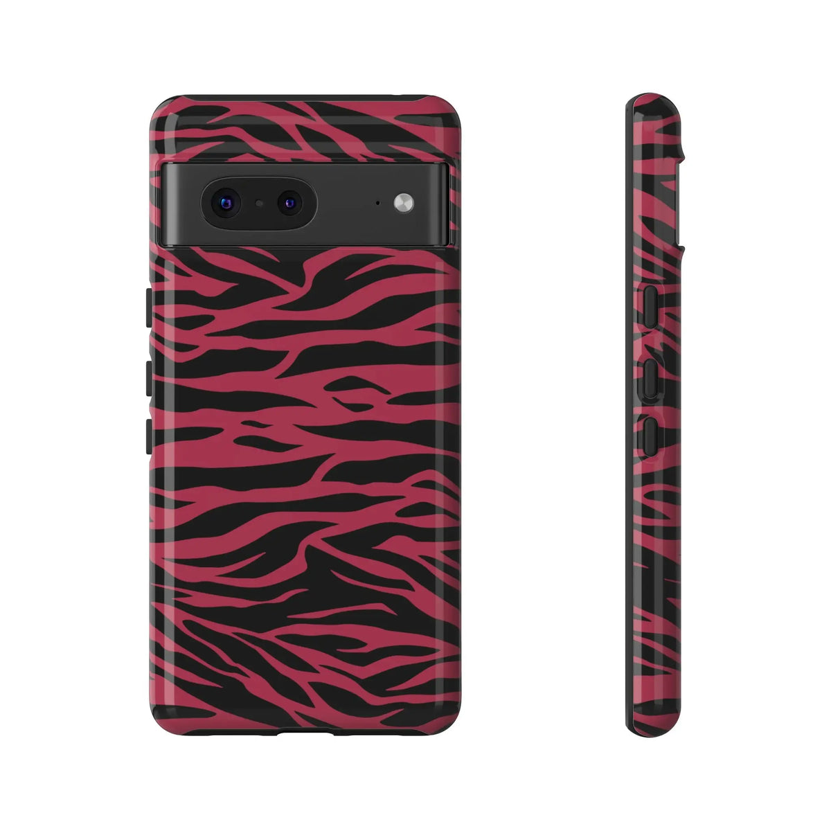Back side of a magenta wild tiger pattern print phone case with pink and black zebra print design