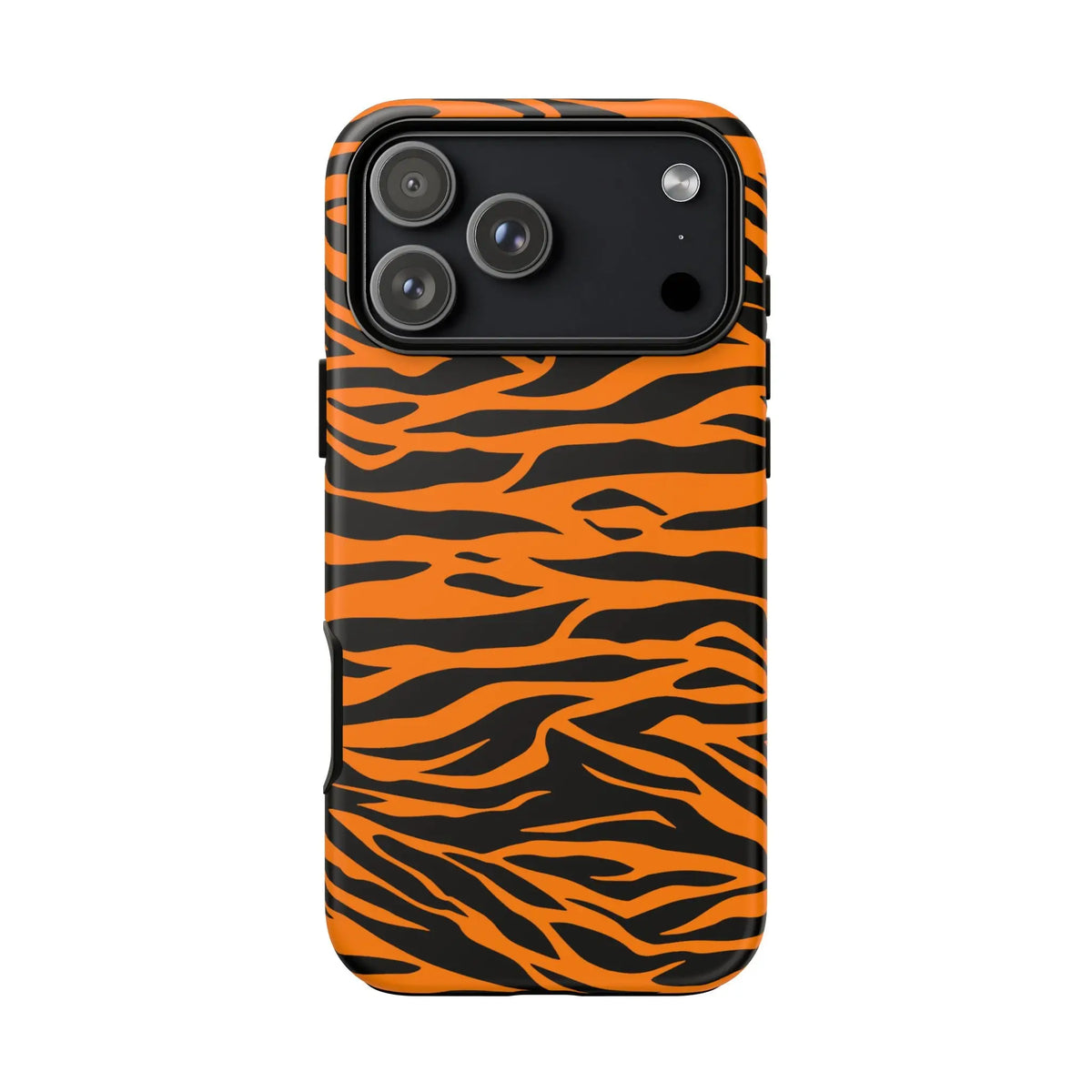 Back side of vibrant orange tiger print phone case with black stripes for iphone galaxy s and pixel mobile phone cases