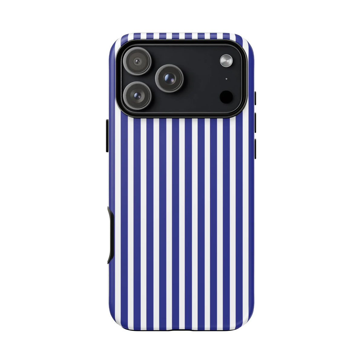 Sleek blue white striped tough phone case with bold vertical stripes and hard shell protective cover for modern smartphones